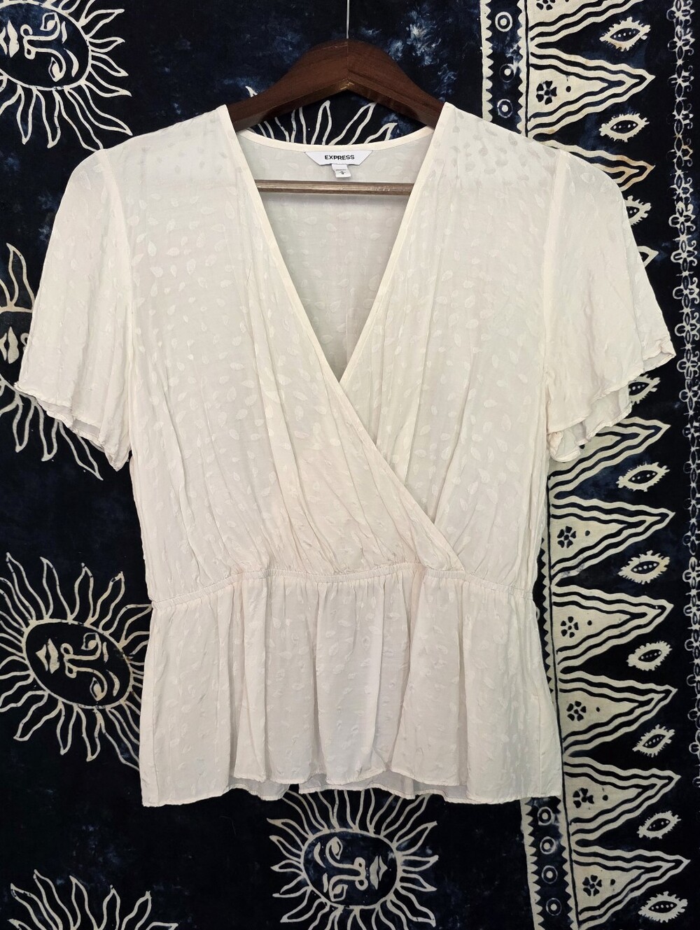 Express Women's Cream Wrap Peplum Short Sleeve Top